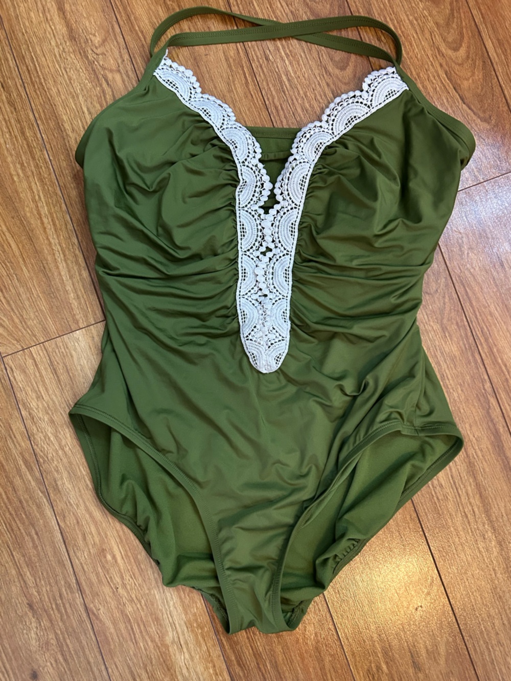 Women’s Time and Tru Olive Green One-Piece Swimsuit with White Lace Trim
